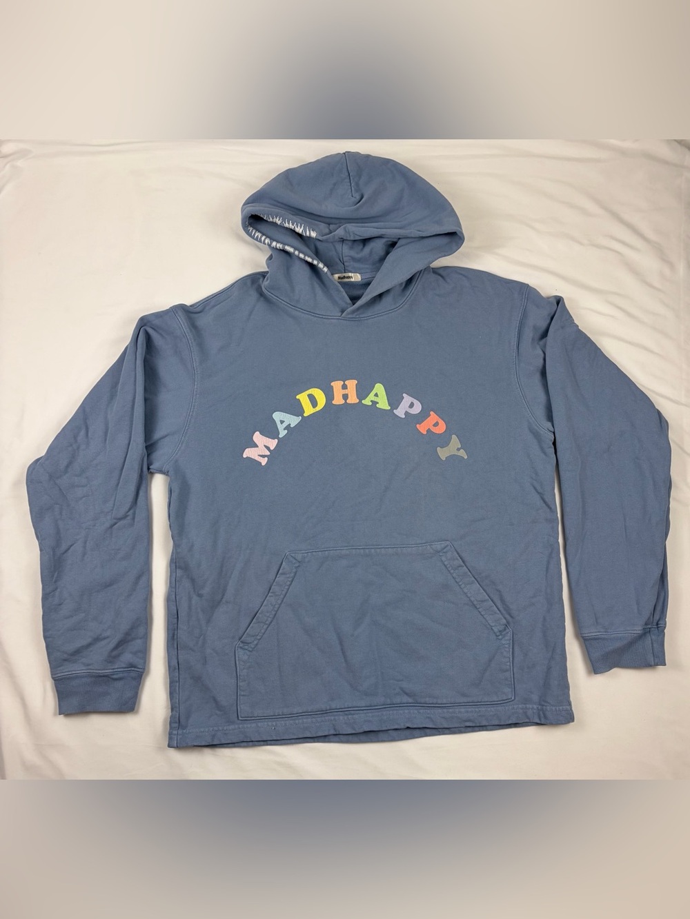 Madhappy Pastels French Terry Cotton Hoodie in Dusty Blue w Rainbow Arch Logo Lg